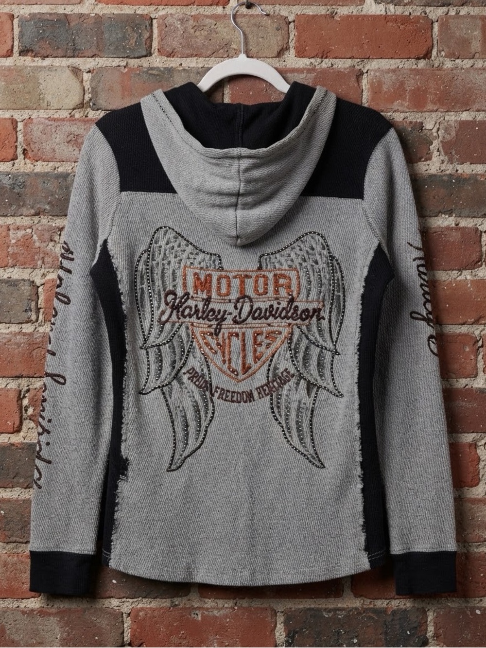 Harley-Davidson Grey Thermal Henley Hoodie Rhinestone Bar Shield Wings